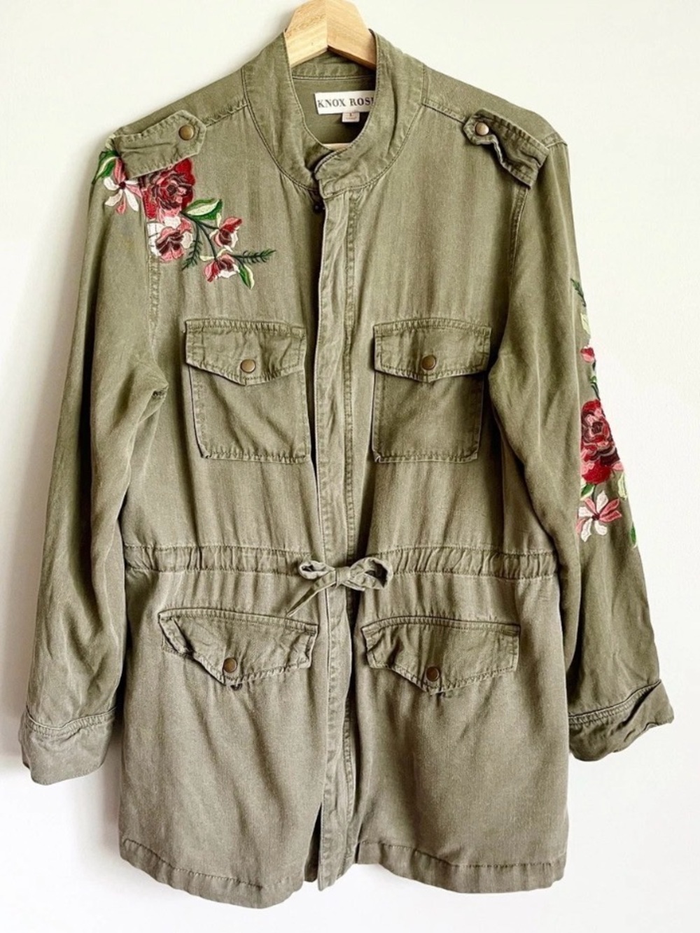 Knox Rose Olive Utility Jacket with Red & Pink Floral Embroidery